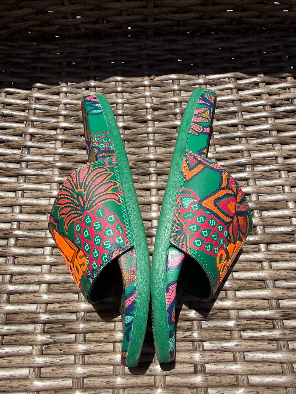 adidas Women’s Green Floral Slide Sandals with Orange Logo - Picture 3 of 4